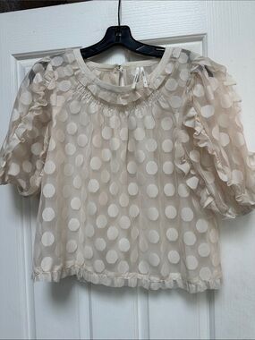 Anthropologie Cream Polka Dot Ruffle Puff Sleeve Blouse